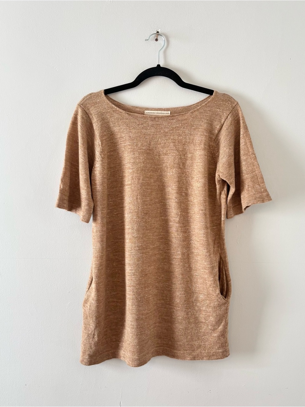 Lauren Manoogian Pocket T-Shirt Sweater Knit Top Short-Sleeve Tunic Tan